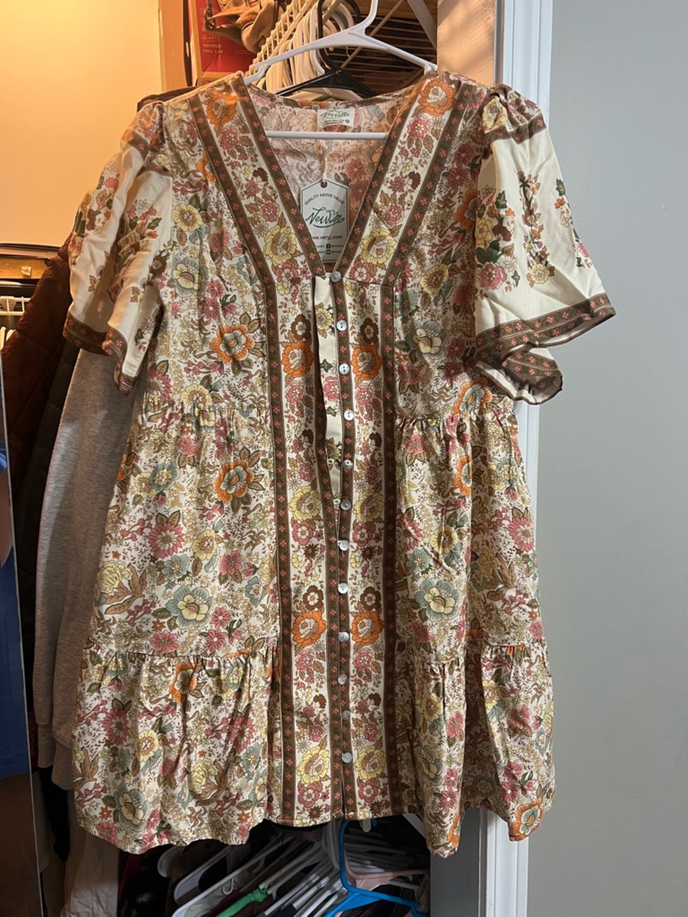 Floral Button-Front Peasant Blouse Dress in Cream, Rust & Olive